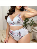 Floral Printed Bra, Daily Casual And Comfortable Medium Stretch Cross-Strap Bra And Panties Set