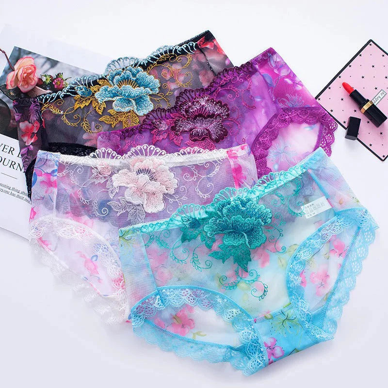 COMBO (6-PIS) Embroidered lace Flower Panties Women's Sexy Transparent Low-Rise Ladies Briefs-thinqpink
