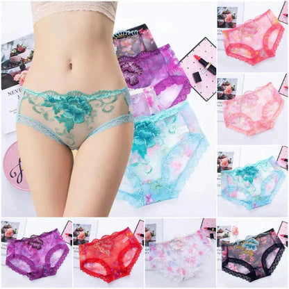 COMBO (6-PIS) Embroidered lace Flower Panties Women's Sexy Transparent Low-Rise Ladies Briefs-thinqpink