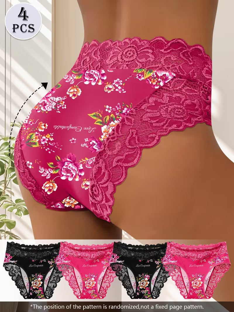 4 pcs Women's Triangle Panties set- Elegant Floral Lace Print Panties For Women