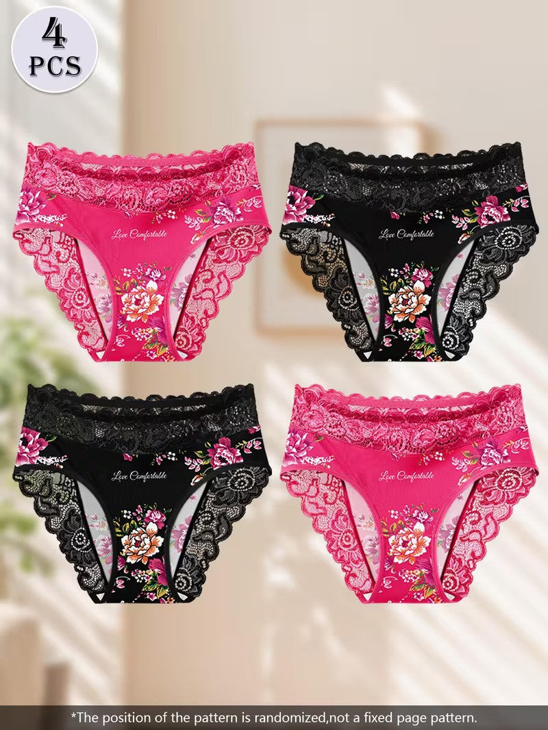 4 pcs Women's Triangle Panties set- Elegant Floral Lace Print Panties For Women